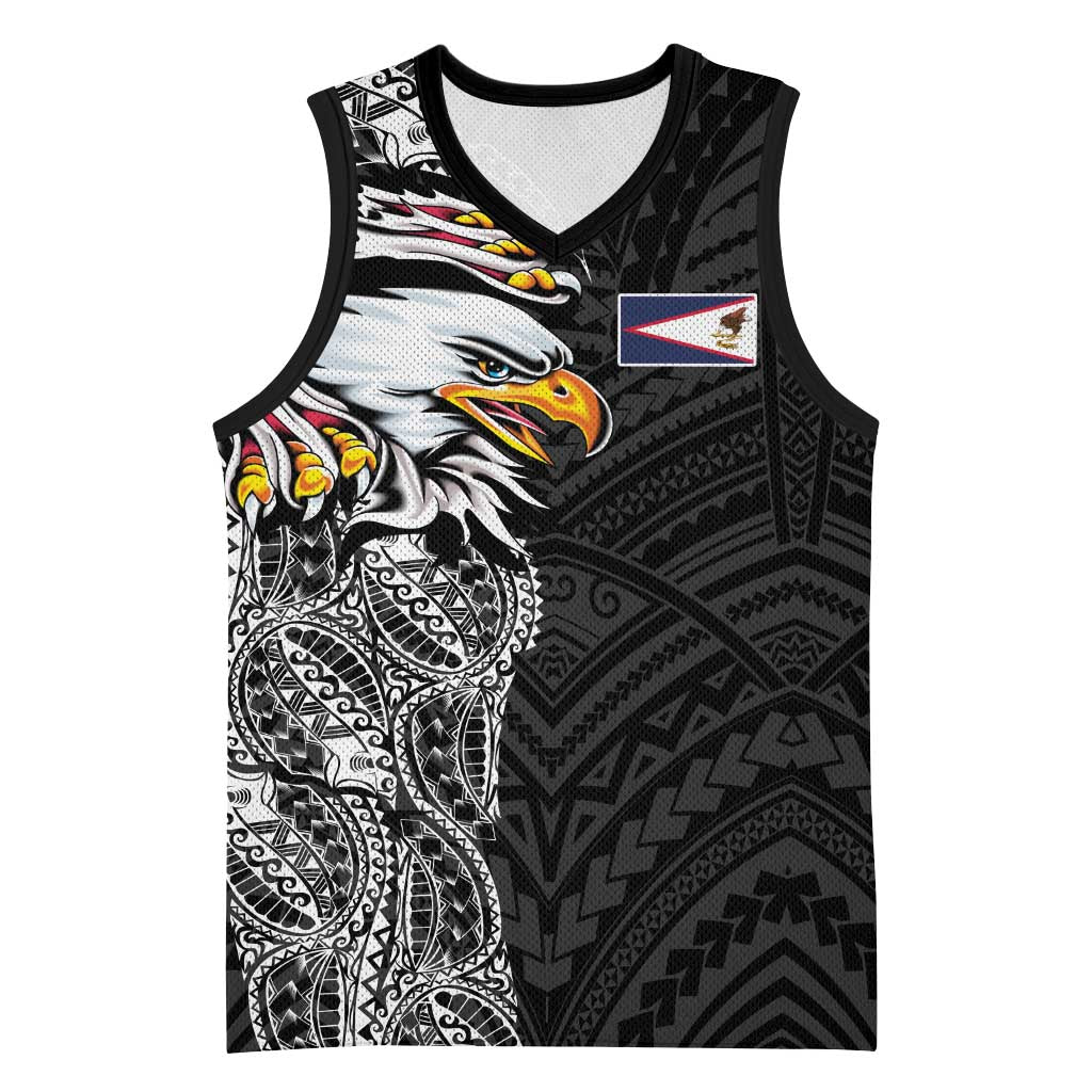 American Samoa Flag Day Basketball Jersey Tribal Tattoo with Eagle Black LT03 Unisex Black - Polynesian Pride