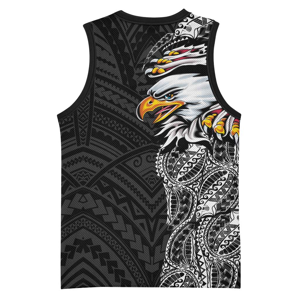 American Samoa Flag Day Basketball Jersey Tribal Tattoo with Eagle Black LT03 - Polynesian Pride
