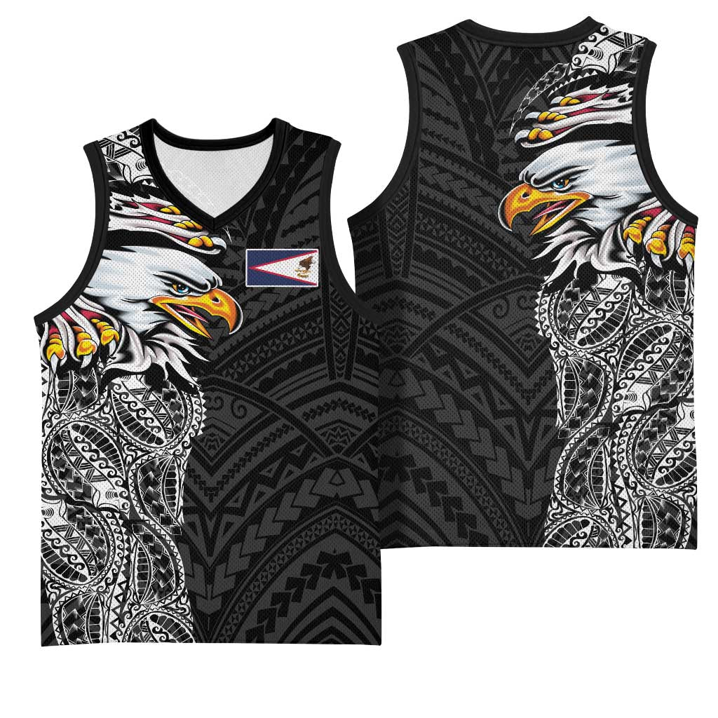 American Samoa Flag Day Basketball Jersey Tribal Tattoo with Eagle Black LT03 - Polynesian Pride