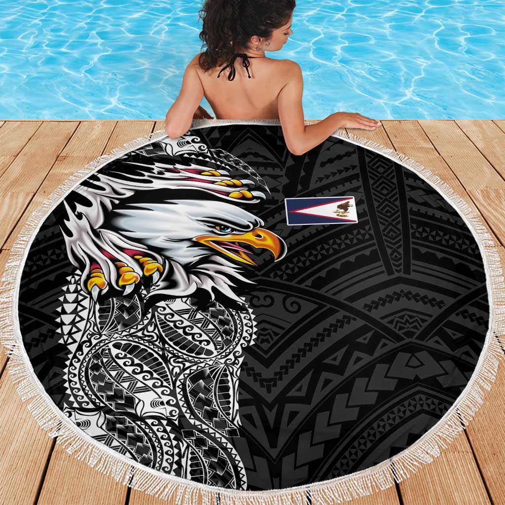American Samoa Flag Day Beach Blanket Tribal Tattoo with Eagle Black