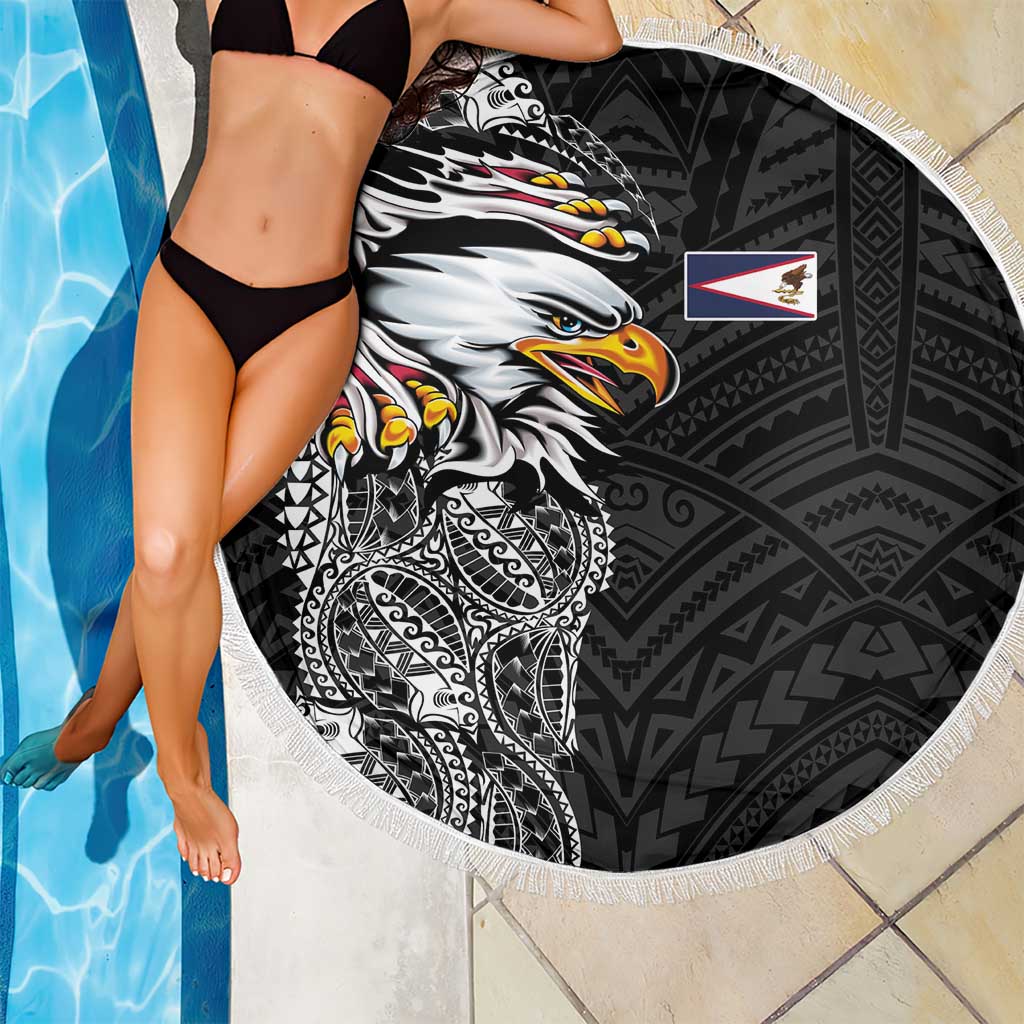 American Samoa Flag Day Beach Blanket Tribal Tattoo with Eagle Black