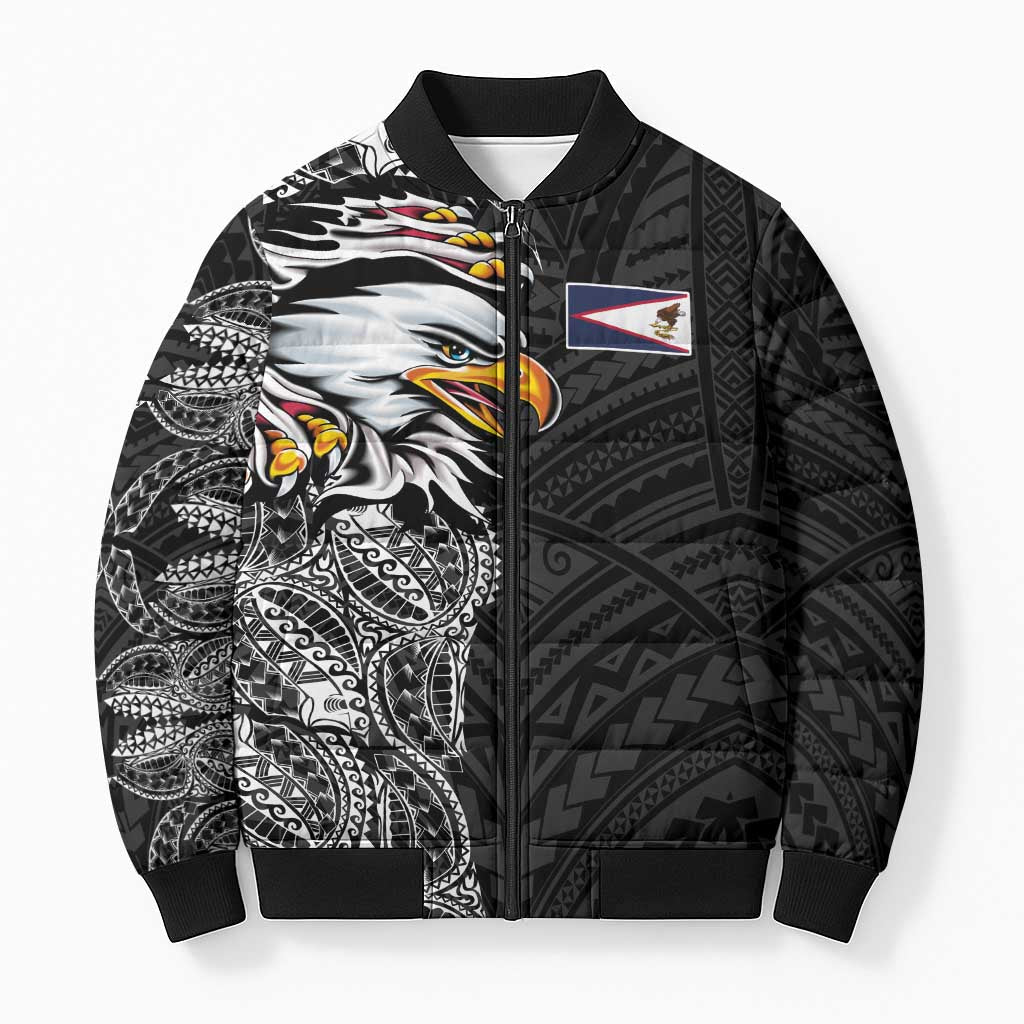 American Samoa Flag Day Bomber Puffer Jacket Tribal Tattoo with Eagle Black LT03 Unisex Black - Polynesian Pride
