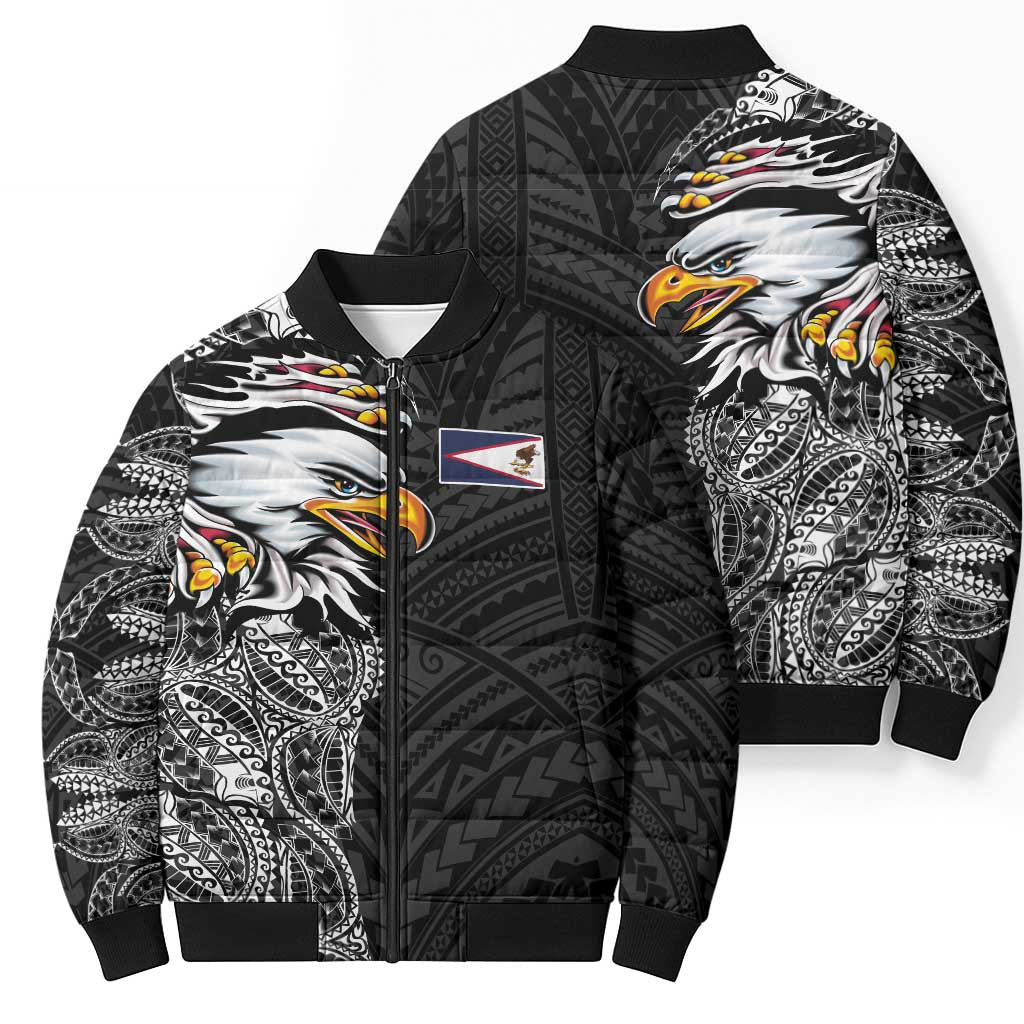American Samoa Flag Day Bomber Puffer Jacket Tribal Tattoo with Eagle Black LT03 - Polynesian Pride