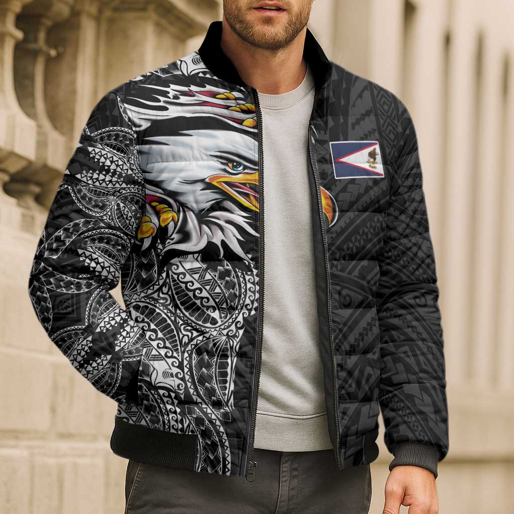 American Samoa Flag Day Bomber Puffer Jacket Tribal Tattoo with Eagle Black LT03 - Polynesian Pride