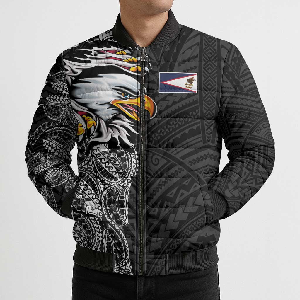 American Samoa Flag Day Bomber Puffer Jacket Tribal Tattoo with Eagle Black LT03 - Polynesian Pride