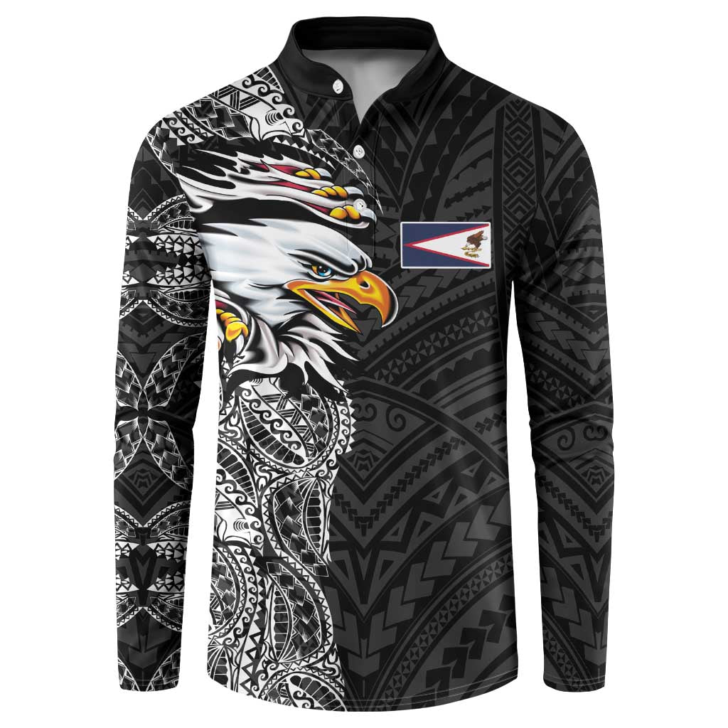 American Samoa Flag Day Button Sweatshirt Tribal Tattoo with Eagle Black LT03 Black - Polynesian Pride