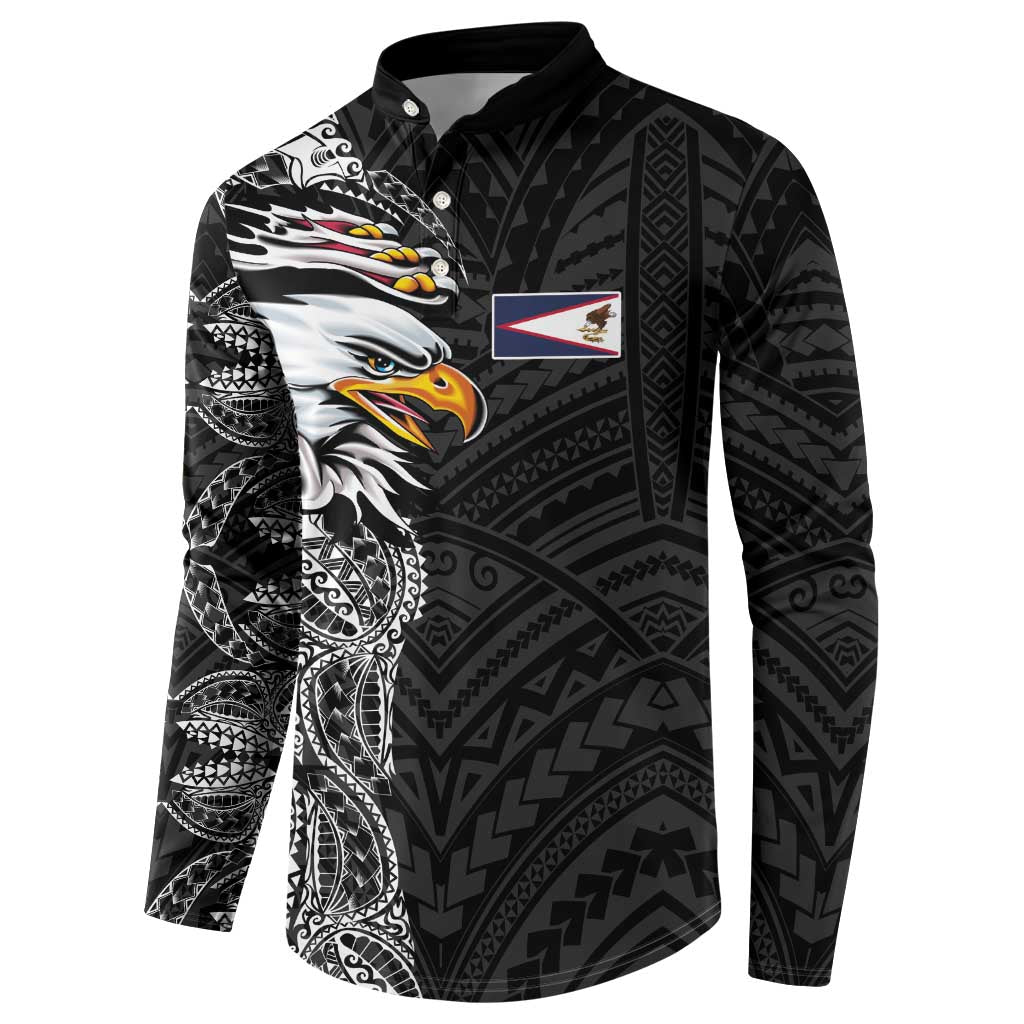 American Samoa Flag Day Button Sweatshirt Tribal Tattoo with Eagle Black LT03 - Polynesian Pride