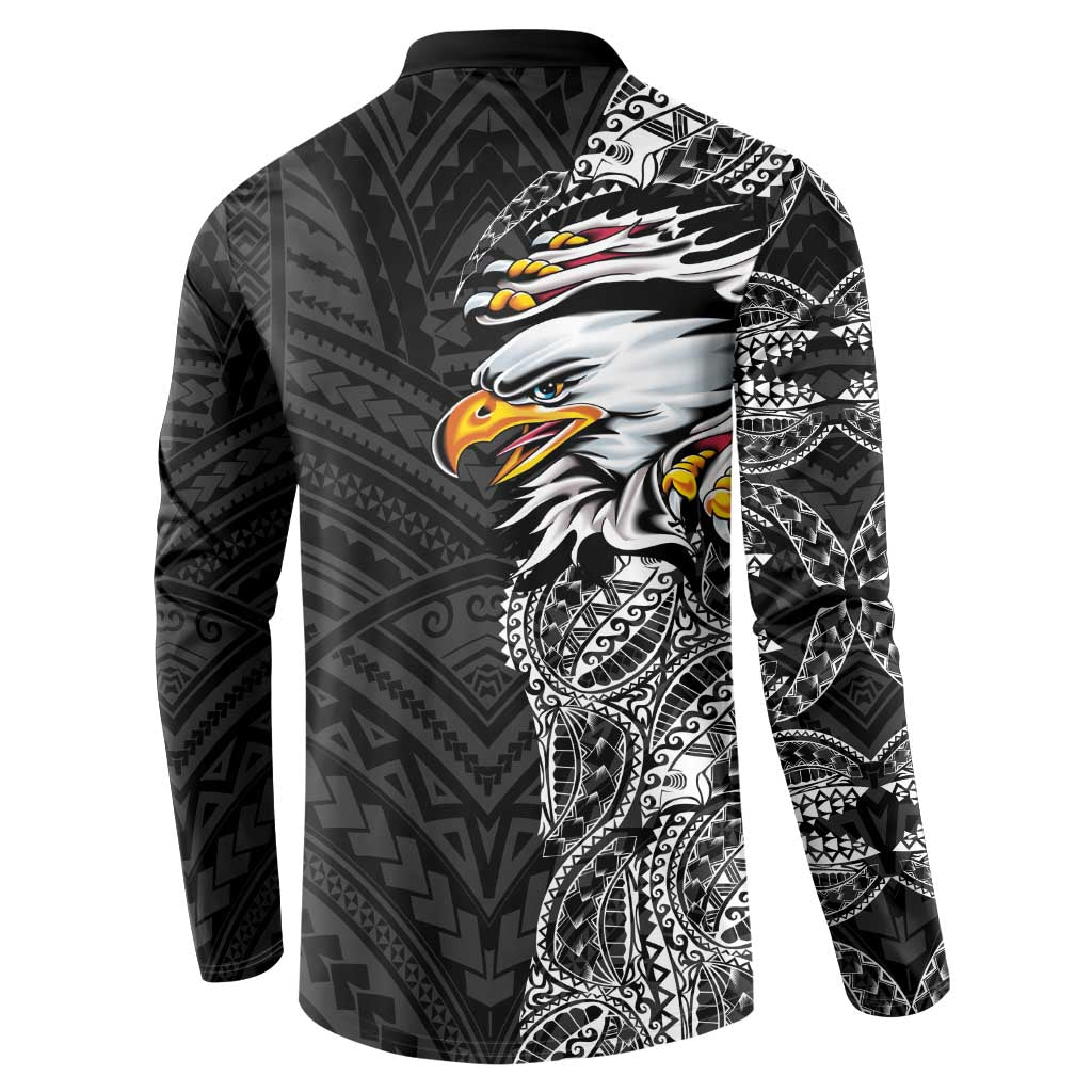 American Samoa Flag Day Button Sweatshirt Tribal Tattoo with Eagle Black LT03 - Polynesian Pride