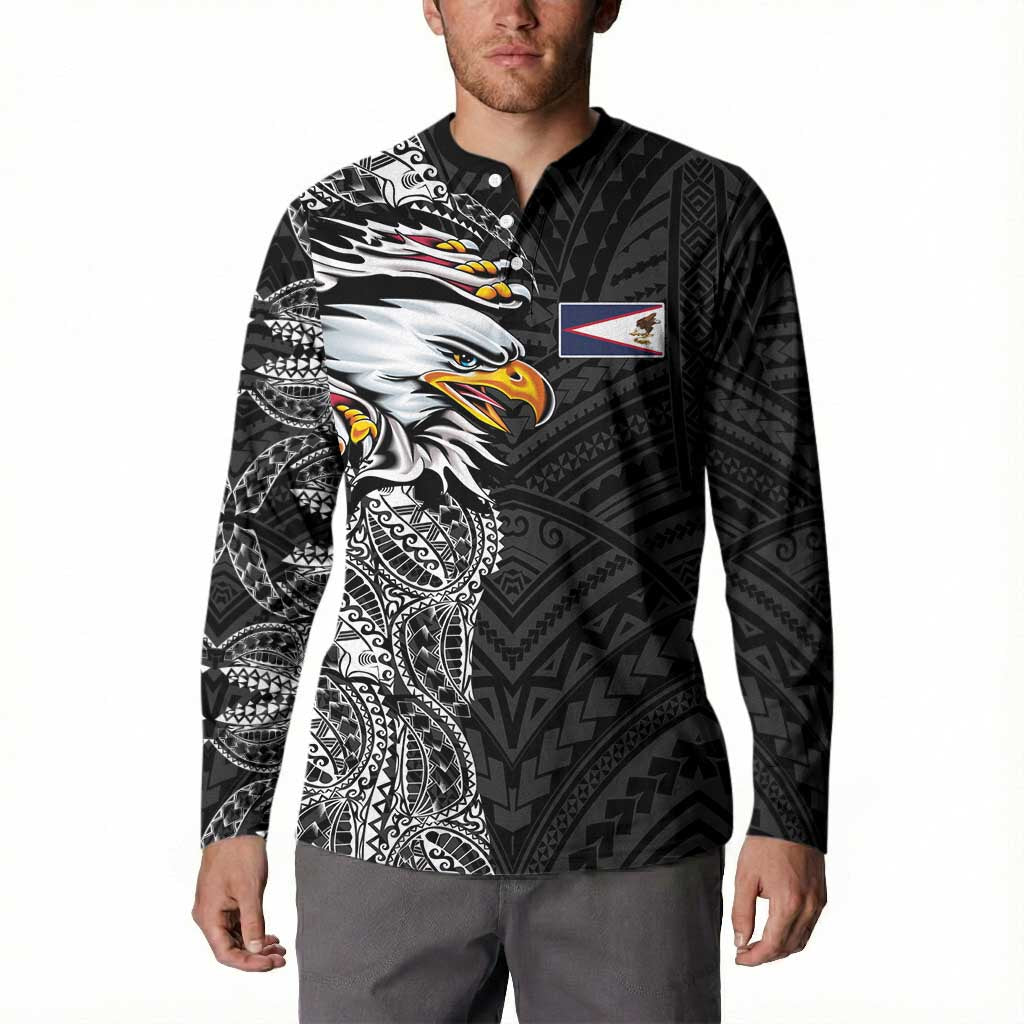American Samoa Flag Day Button Sweatshirt Tribal Tattoo with Eagle Black LT03 - Polynesian Pride