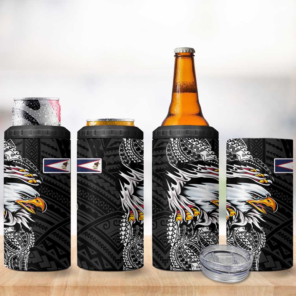 American Samoa Flag Day 4 in 1 Can Cooler Tumbler Tribal Tattoo with Eagle Black LT03 - Polynesian Pride