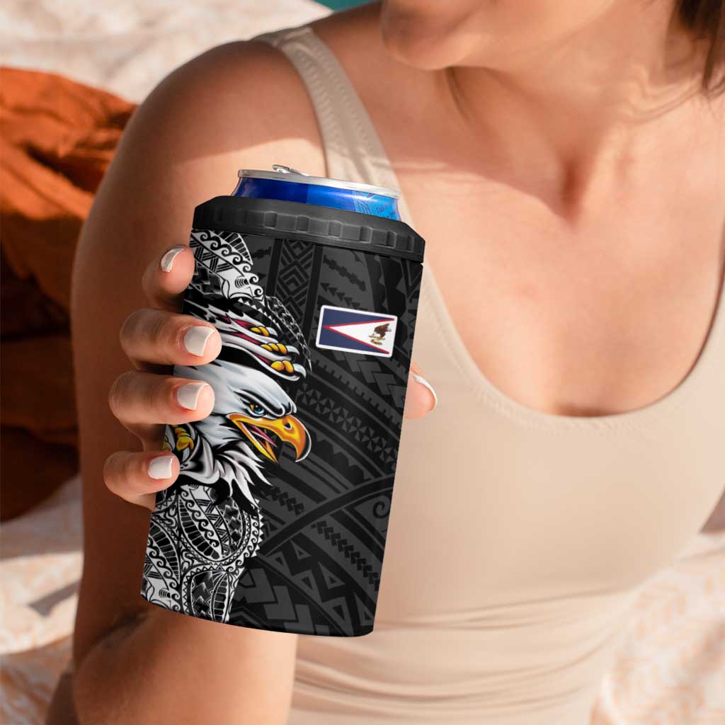 American Samoa Flag Day 4 in 1 Can Cooler Tumbler Tribal Tattoo with Eagle Black LT03 - Polynesian Pride
