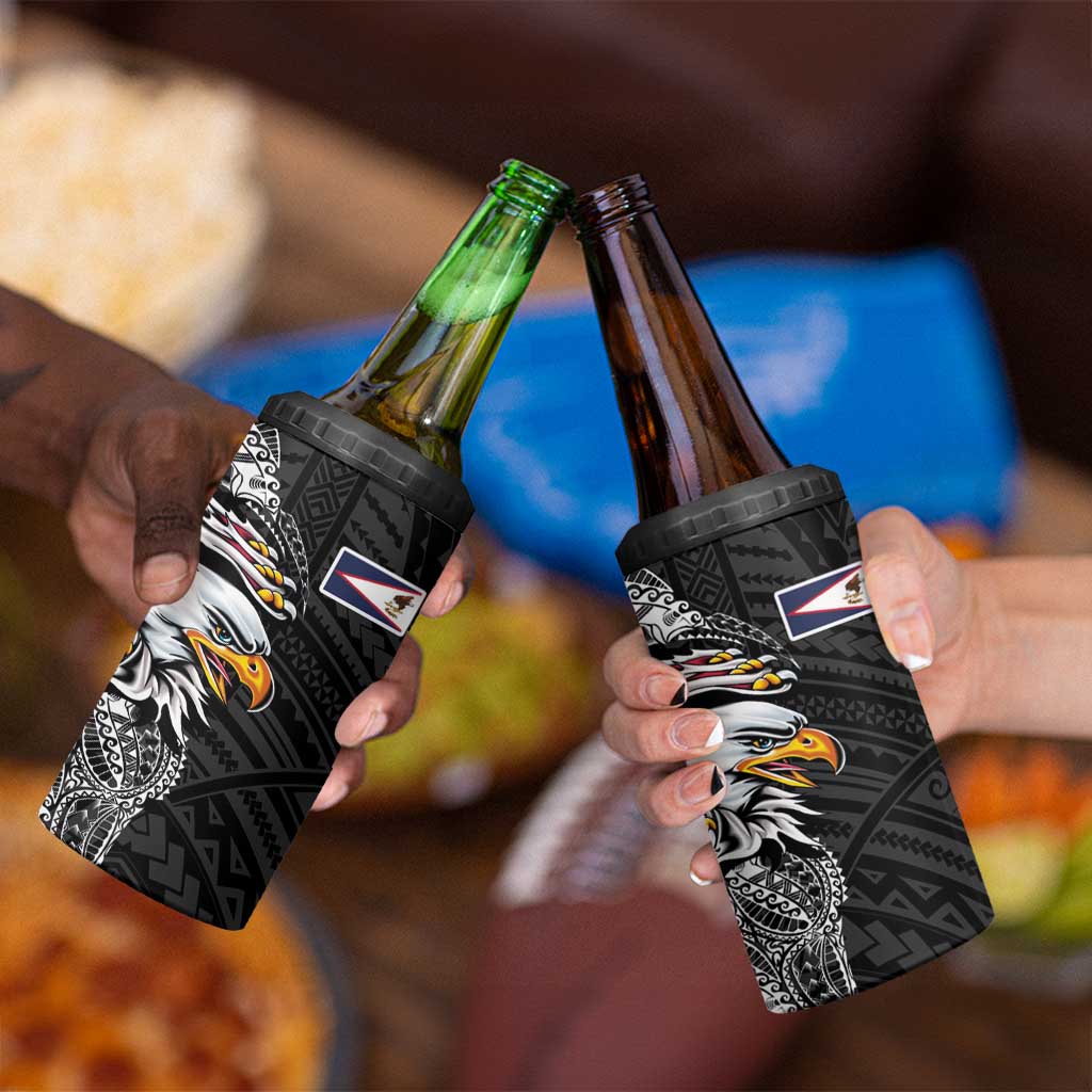 American Samoa Flag Day 4 in 1 Can Cooler Tumbler Tribal Tattoo with Eagle Black LT03 - Polynesian Pride