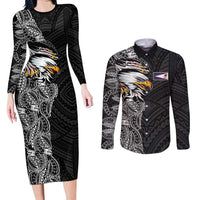 American Samoa Flag Day Couples Matching Long Sleeve Bodycon Dress and Long Sleeve Button Shirt Tribal Tattoo with Eagle Black LT03 Black - Polynesian Pride