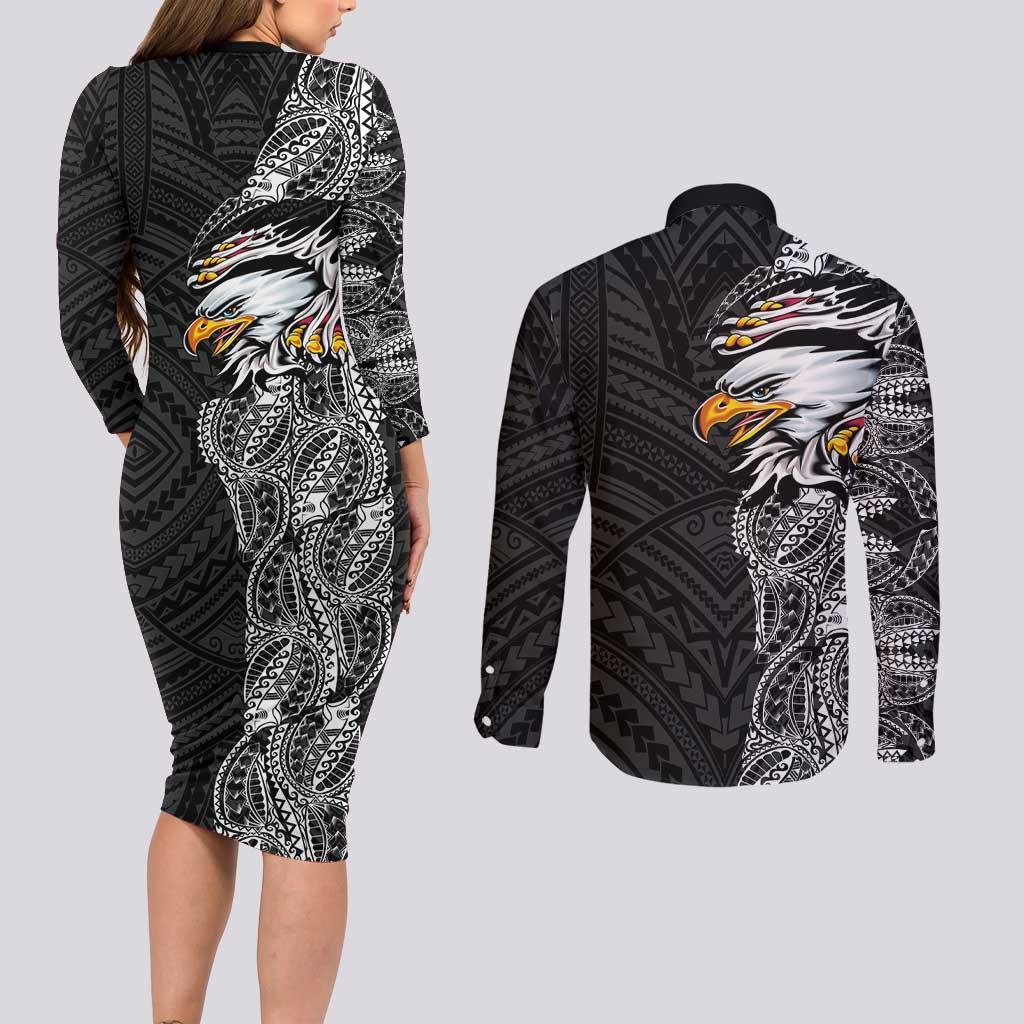 American Samoa Flag Day Couples Matching Long Sleeve Bodycon Dress and Long Sleeve Button Shirt Tribal Tattoo with Eagle Black LT03 - Polynesian Pride