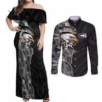 American Samoa Flag Day Couples Matching Off Shoulder Maxi Dress and Long Sleeve Button Shirt Tribal Tattoo with Eagle Black LT03 Black - Polynesian Pride