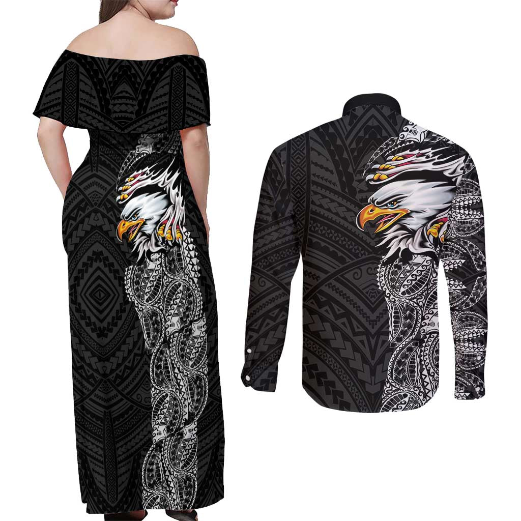 American Samoa Flag Day Couples Matching Off Shoulder Maxi Dress and Long Sleeve Button Shirt Tribal Tattoo with Eagle Black LT03 - Polynesian Pride