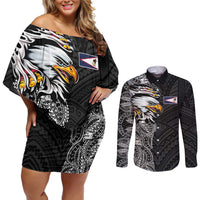 American Samoa Flag Day Couples Matching Off Shoulder Short Dress and Long Sleeve Button Shirt Tribal Tattoo with Eagle Black LT03 Black - Polynesian Pride