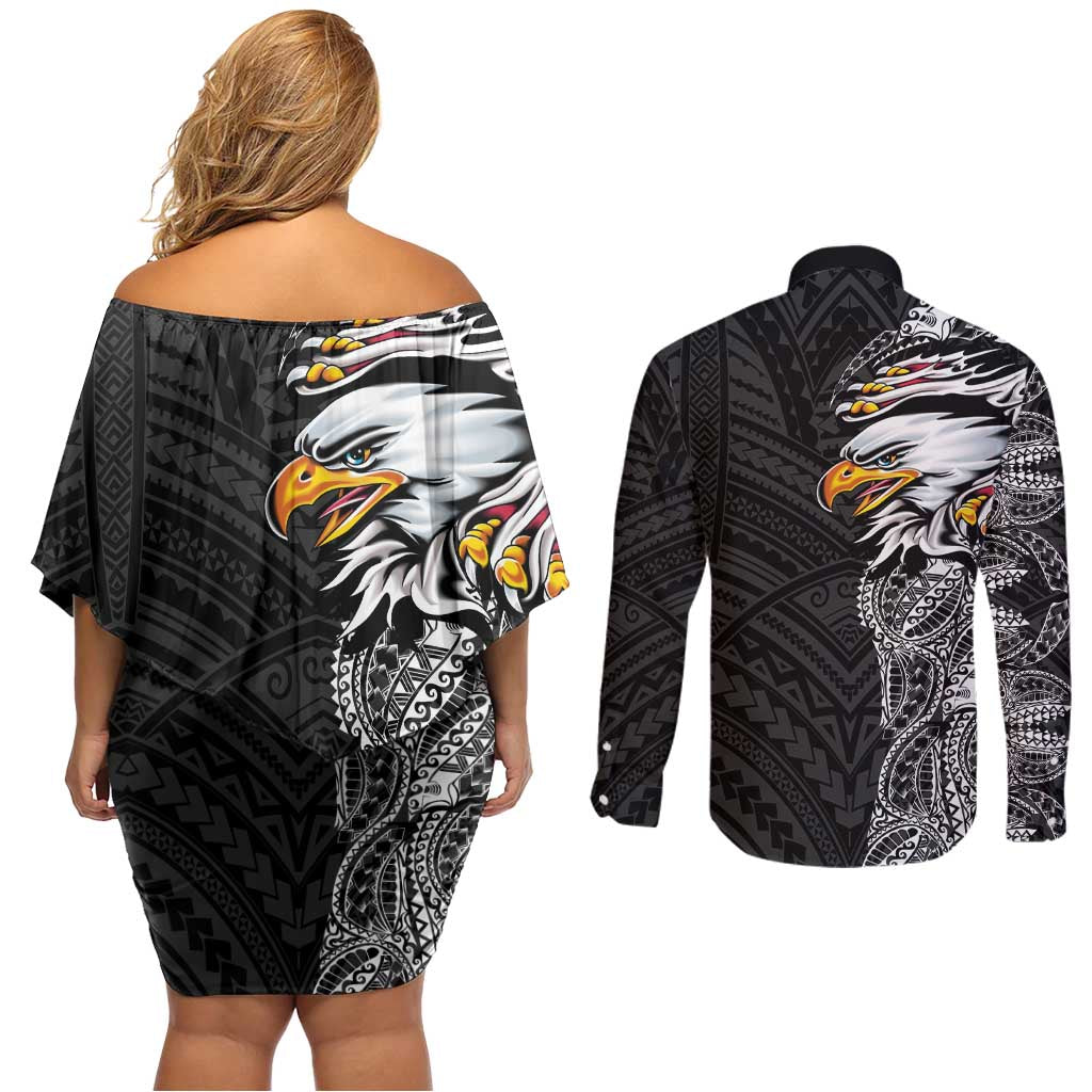 American Samoa Flag Day Couples Matching Off Shoulder Short Dress and Long Sleeve Button Shirt Tribal Tattoo with Eagle Black LT03 - Polynesian Pride