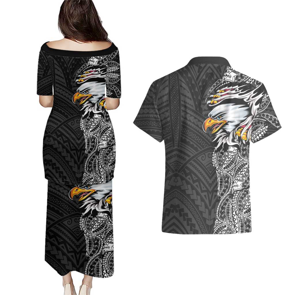 American Samoa Flag Day Couples Matching Puletasi and Hawaiian Shirt Tribal Tattoo with Eagle Black LT03 - Polynesian Pride