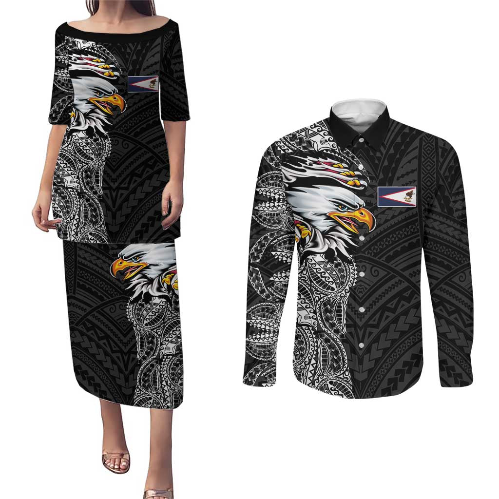 American Samoa Flag Day Couples Matching Puletasi and Long Sleeve Button Shirt Tribal Tattoo with Eagle Black LT03 Black - Polynesian Pride
