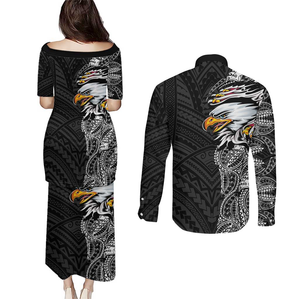 American Samoa Flag Day Couples Matching Puletasi and Long Sleeve Button Shirt Tribal Tattoo with Eagle Black LT03 - Polynesian Pride