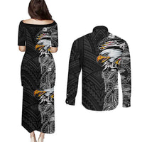 American Samoa Flag Day Couples Matching Puletasi and Long Sleeve Button Shirt Tribal Tattoo with Eagle Black LT03 - Polynesian Pride