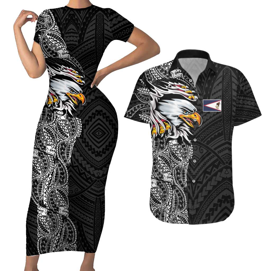 American Samoa Flag Day Couples Matching Short Sleeve Bodycon Dress and Hawaiian Shirt Tribal Tattoo with Eagle Black LT03 Black - Polynesian Pride