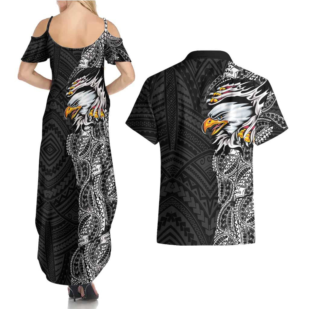 American Samoa Flag Day Couples Matching Summer Maxi Dress and Hawaiian Shirt Tribal Tattoo with Eagle Black LT03 - Polynesian Pride