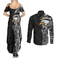 American Samoa Flag Day Couples Matching Summer Maxi Dress and Long Sleeve Button Shirt Tribal Tattoo with Eagle Black