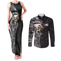 American Samoa Flag Day Couples Matching Tank Maxi Dress and Long Sleeve Button Shirt Tribal Tattoo with Eagle Black LT03 Black - Polynesian Pride
