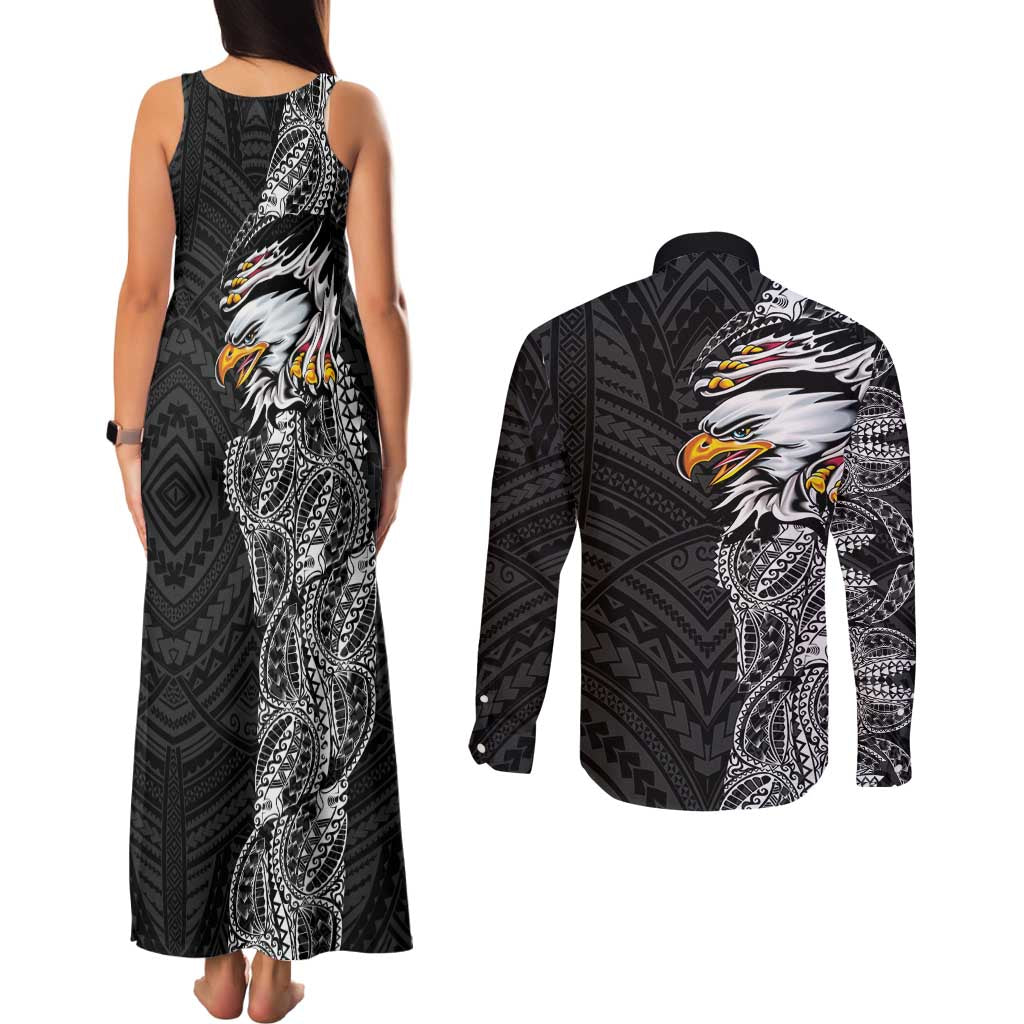 American Samoa Flag Day Couples Matching Tank Maxi Dress and Long Sleeve Button Shirt Tribal Tattoo with Eagle Black LT03 - Polynesian Pride