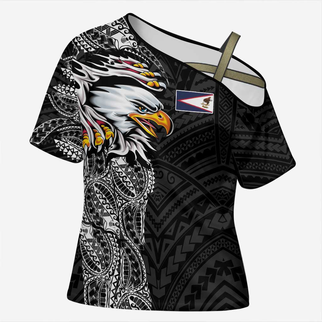 American Samoa Flag Day Cross Shoulder Shirt Tribal Tattoo with Eagle Black LT03 Female Black - Polynesian Pride