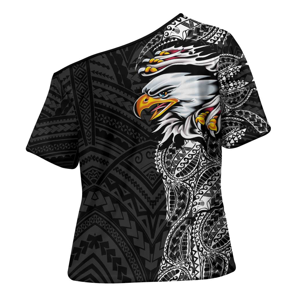 American Samoa Flag Day Cross Shoulder Shirt Tribal Tattoo with Eagle Black LT03 - Polynesian Pride