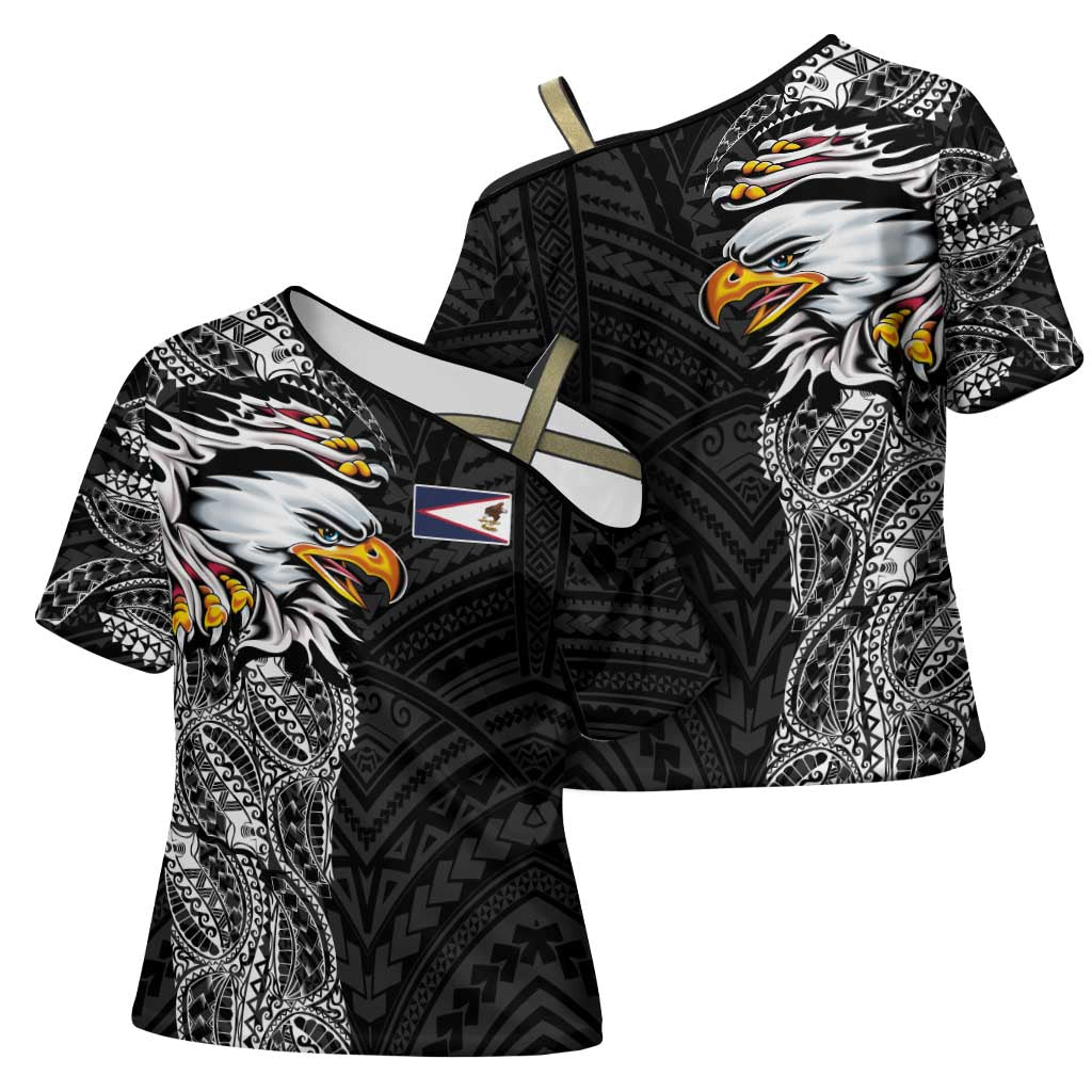 American Samoa Flag Day Cross Shoulder Shirt Tribal Tattoo with Eagle Black LT03 - Polynesian Pride