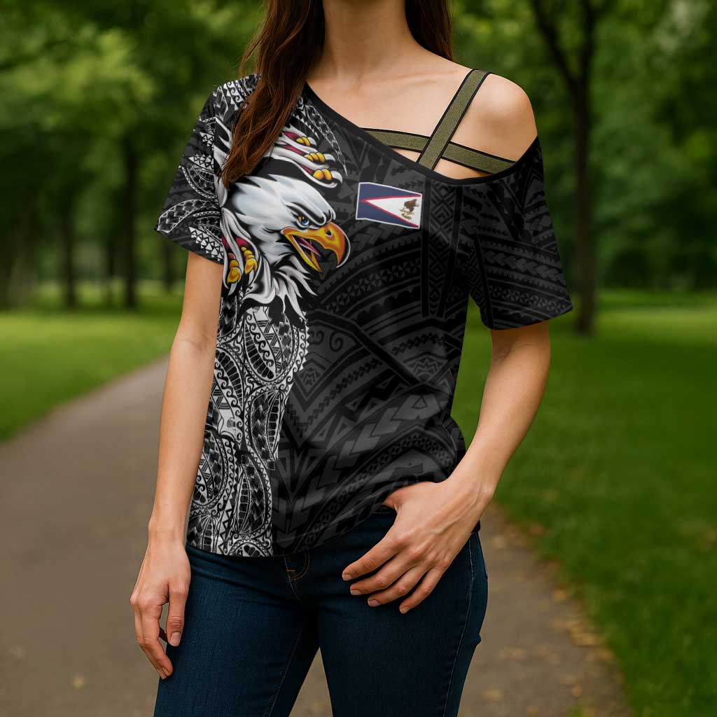 American Samoa Flag Day Cross Shoulder Shirt Tribal Tattoo with Eagle Black LT03 - Polynesian Pride