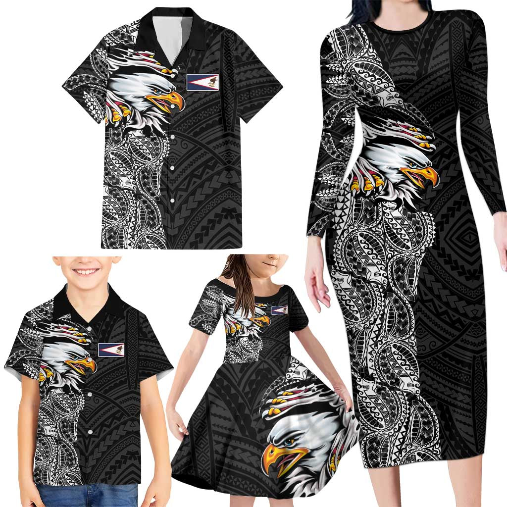 American Samoa Flag Day Family Matching Long Sleeve Bodycon Dress and Hawaiian Shirt Tribal Tattoo with Eagle Black LT03 - Polynesian Pride