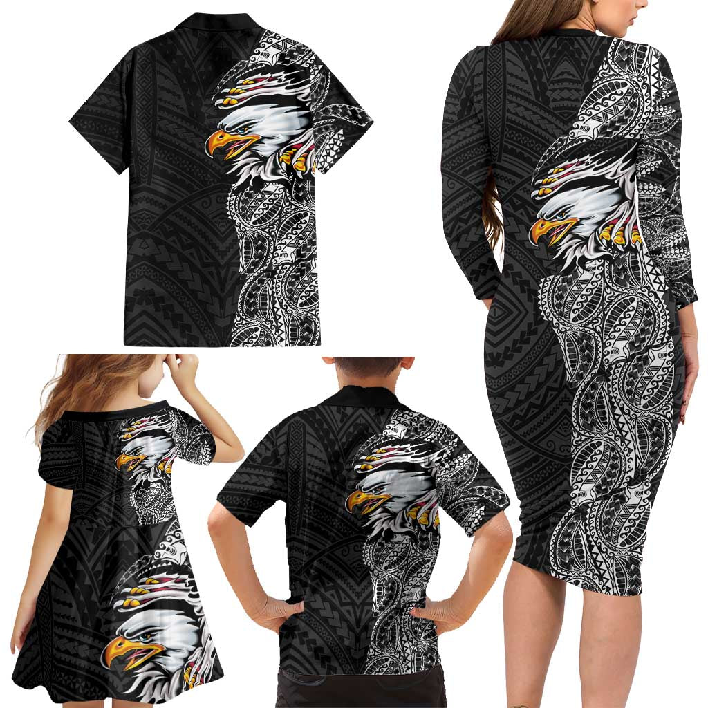 American Samoa Flag Day Family Matching Long Sleeve Bodycon Dress and Hawaiian Shirt Tribal Tattoo with Eagle Black