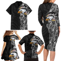 American Samoa Flag Day Family Matching Long Sleeve Bodycon Dress and Hawaiian Shirt Tribal Tattoo with Eagle Black