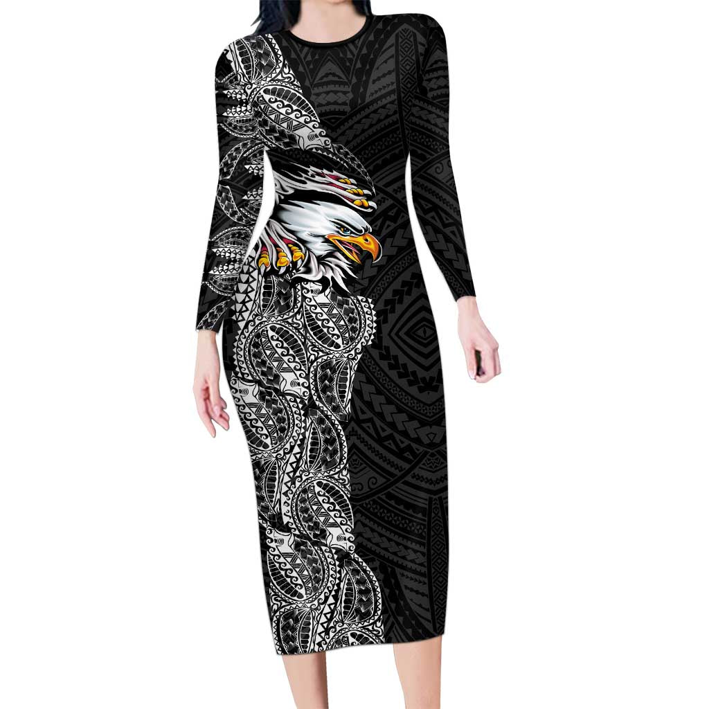 American Samoa Flag Day Family Matching Long Sleeve Bodycon Dress and Hawaiian Shirt Tribal Tattoo with Eagle Black