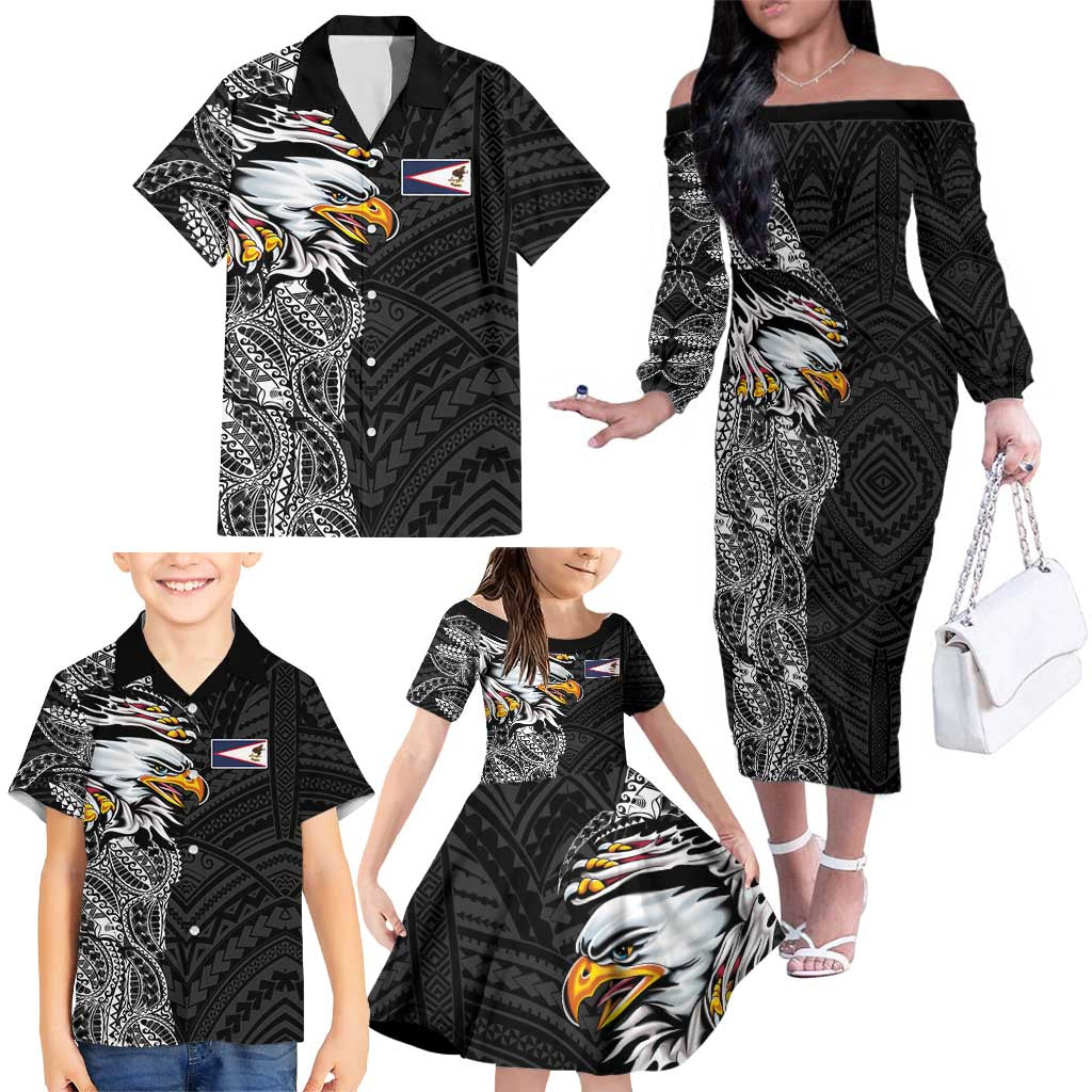 American Samoa Flag Day Family Matching Off The Shoulder Long Sleeve Dress and Hawaiian Shirt Tribal Tattoo with Eagle Black LT03 - Polynesian Pride