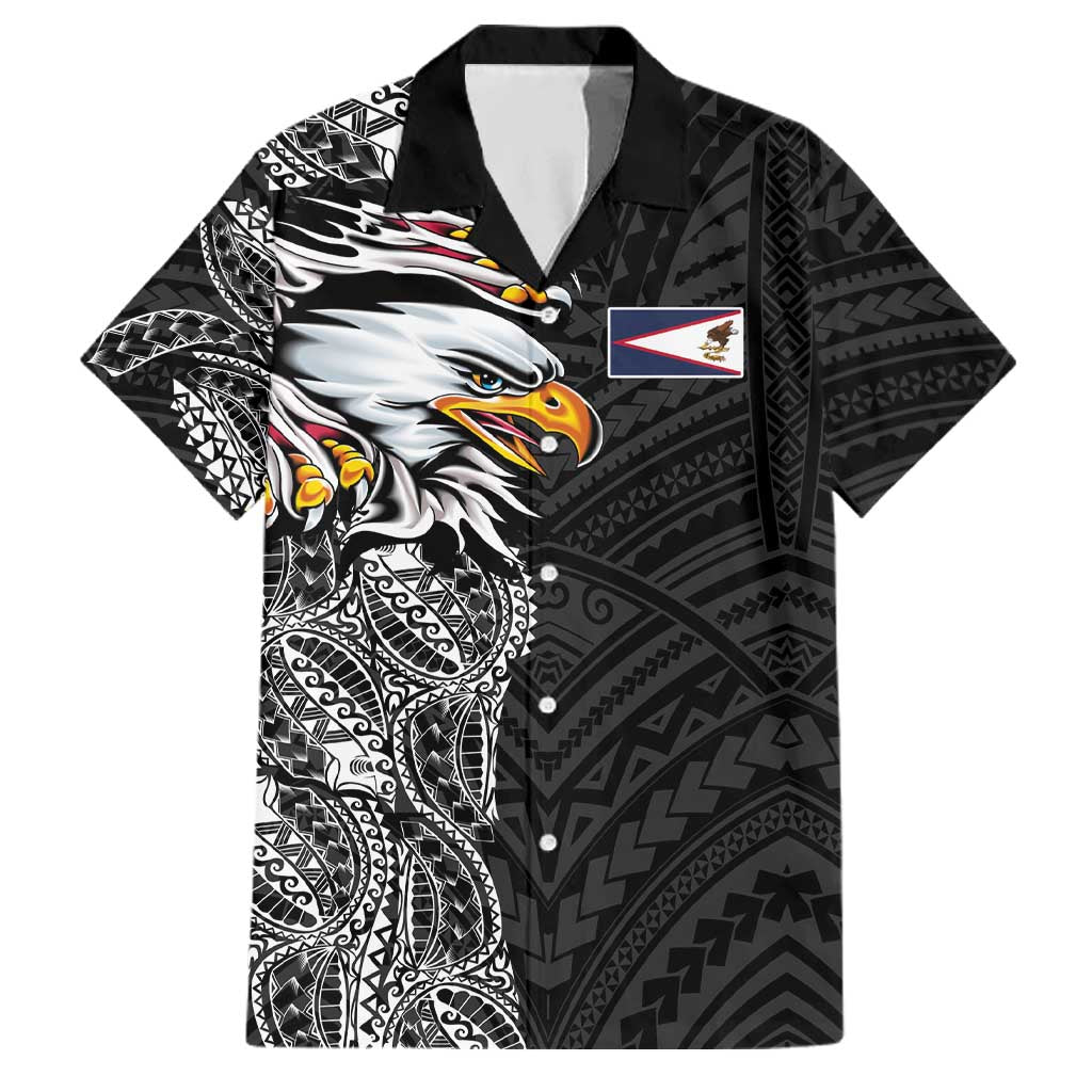 American Samoa Flag Day Family Matching Off The Shoulder Long Sleeve Dress and Hawaiian Shirt Tribal Tattoo with Eagle Black