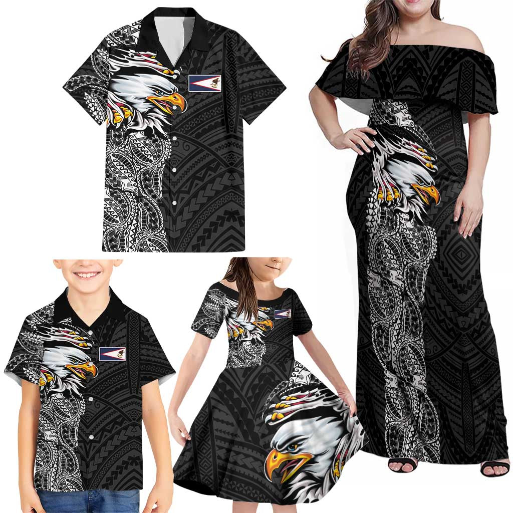 American Samoa Flag Day Family Matching Off Shoulder Maxi Dress and Hawaiian Shirt Tribal Tattoo with Eagle Black LT03 - Polynesian Pride