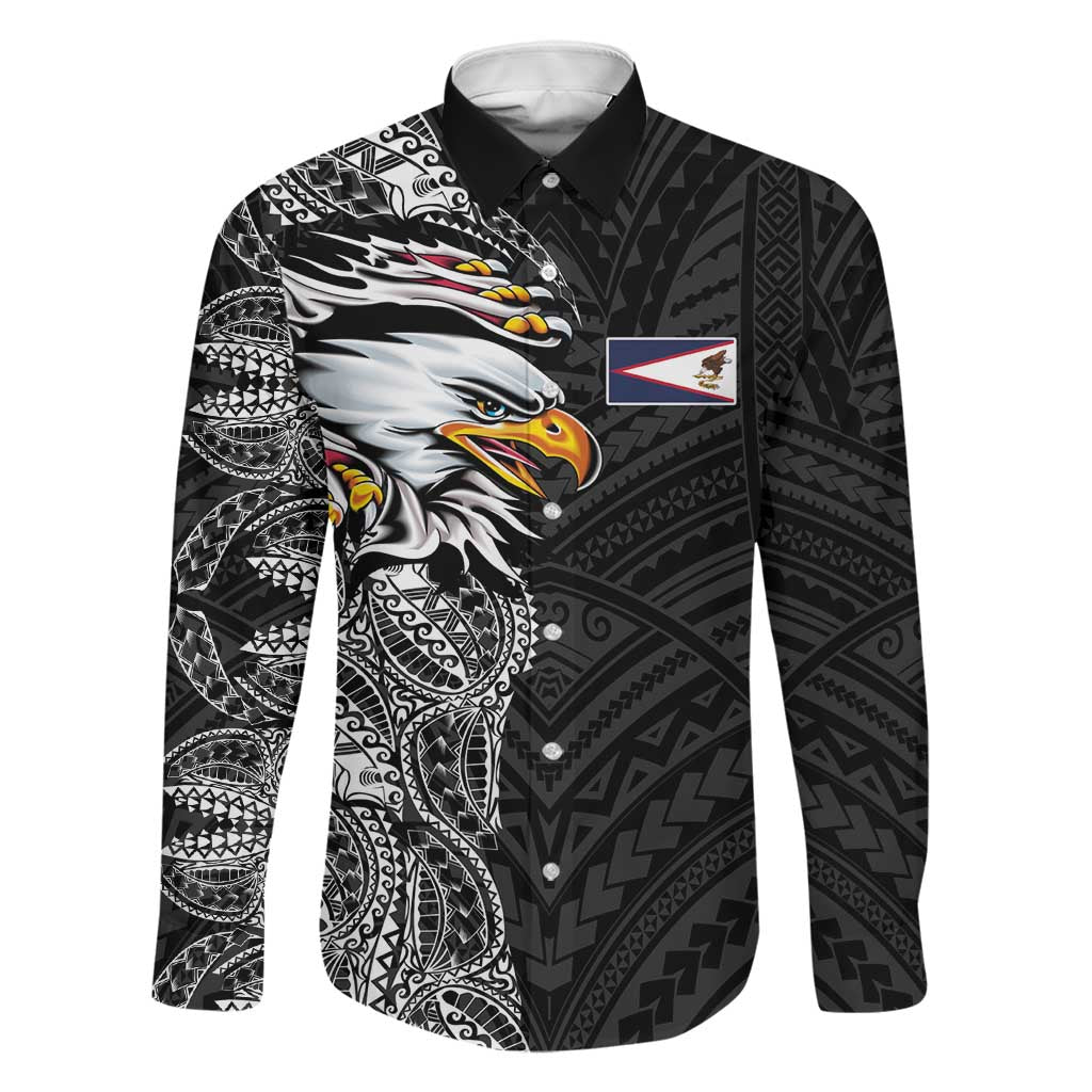 American Samoa Flag Day Family Matching Off Shoulder Maxi Dress and Hawaiian Shirt Tribal Tattoo with Eagle Black