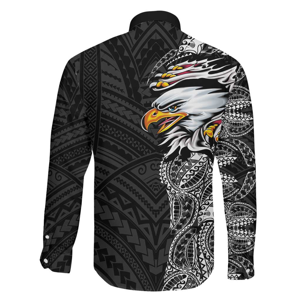 American Samoa Flag Day Family Matching Off Shoulder Short Dress and Hawaiian Shirt Tribal Tattoo with Eagle Black