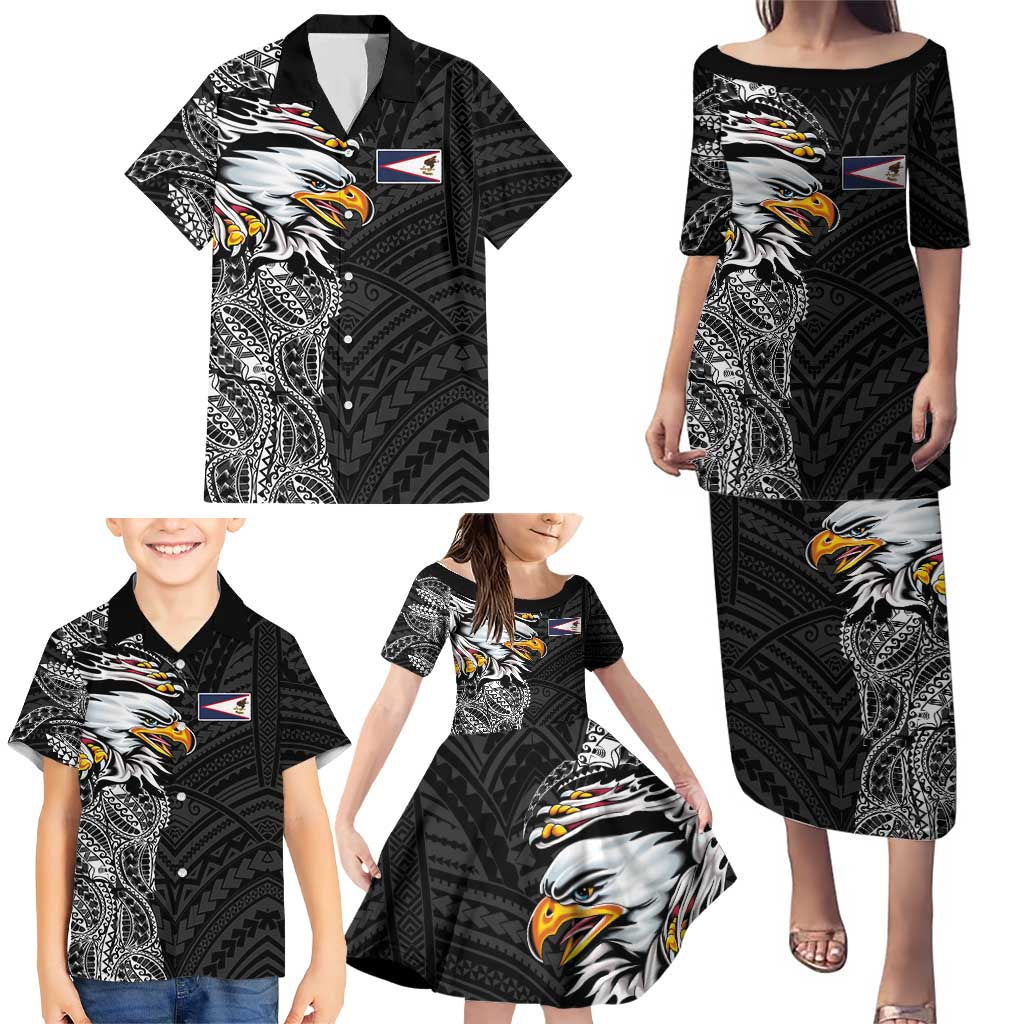 American Samoa Flag Day Family Matching Puletasi and Hawaiian Shirt Tribal Tattoo with Eagle Black LT03 - Polynesian Pride