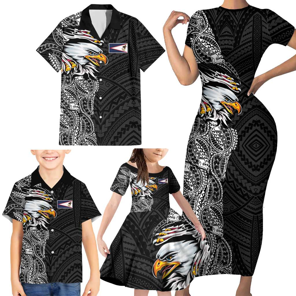 American Samoa Flag Day Family Matching Short Sleeve Bodycon Dress and Hawaiian Shirt Tribal Tattoo with Eagle Black