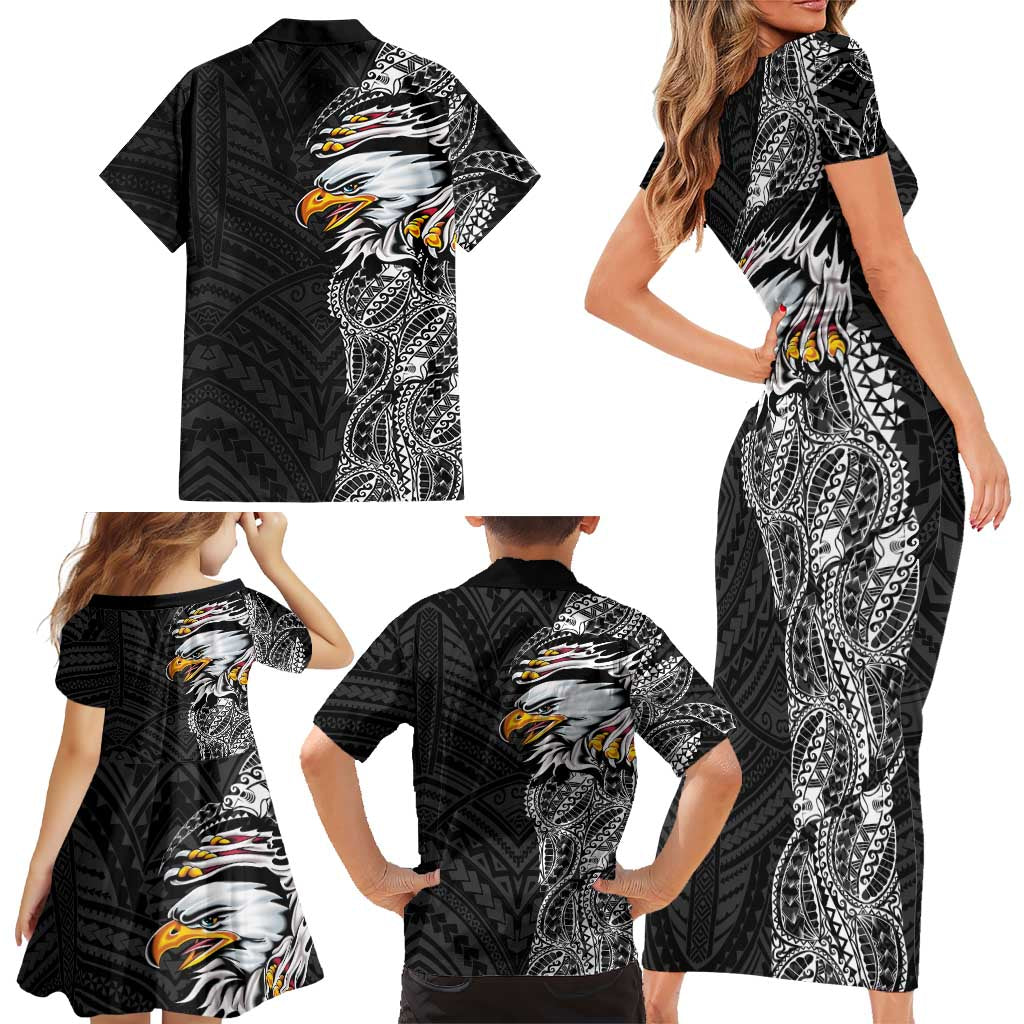 American Samoa Flag Day Family Matching Short Sleeve Bodycon Dress and Hawaiian Shirt Tribal Tattoo with Eagle Black