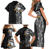 American Samoa Flag Day Family Matching Short Sleeve Bodycon Dress and Hawaiian Shirt Tribal Tattoo with Eagle Black