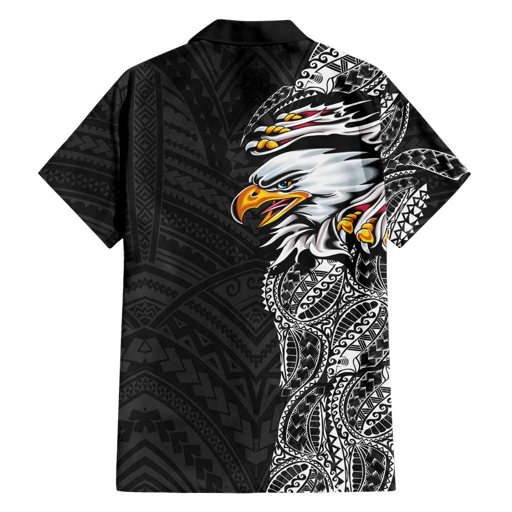 American Samoa Flag Day Family Matching Short Sleeve Bodycon Dress and Hawaiian Shirt Tribal Tattoo with Eagle Black