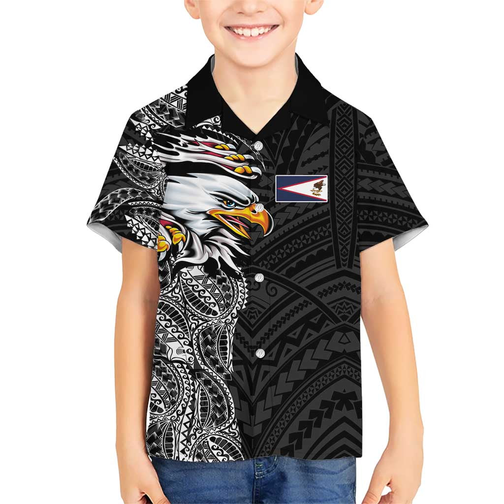 American Samoa Flag Day Family Matching Short Sleeve Bodycon Dress and Hawaiian Shirt Tribal Tattoo with Eagle Black